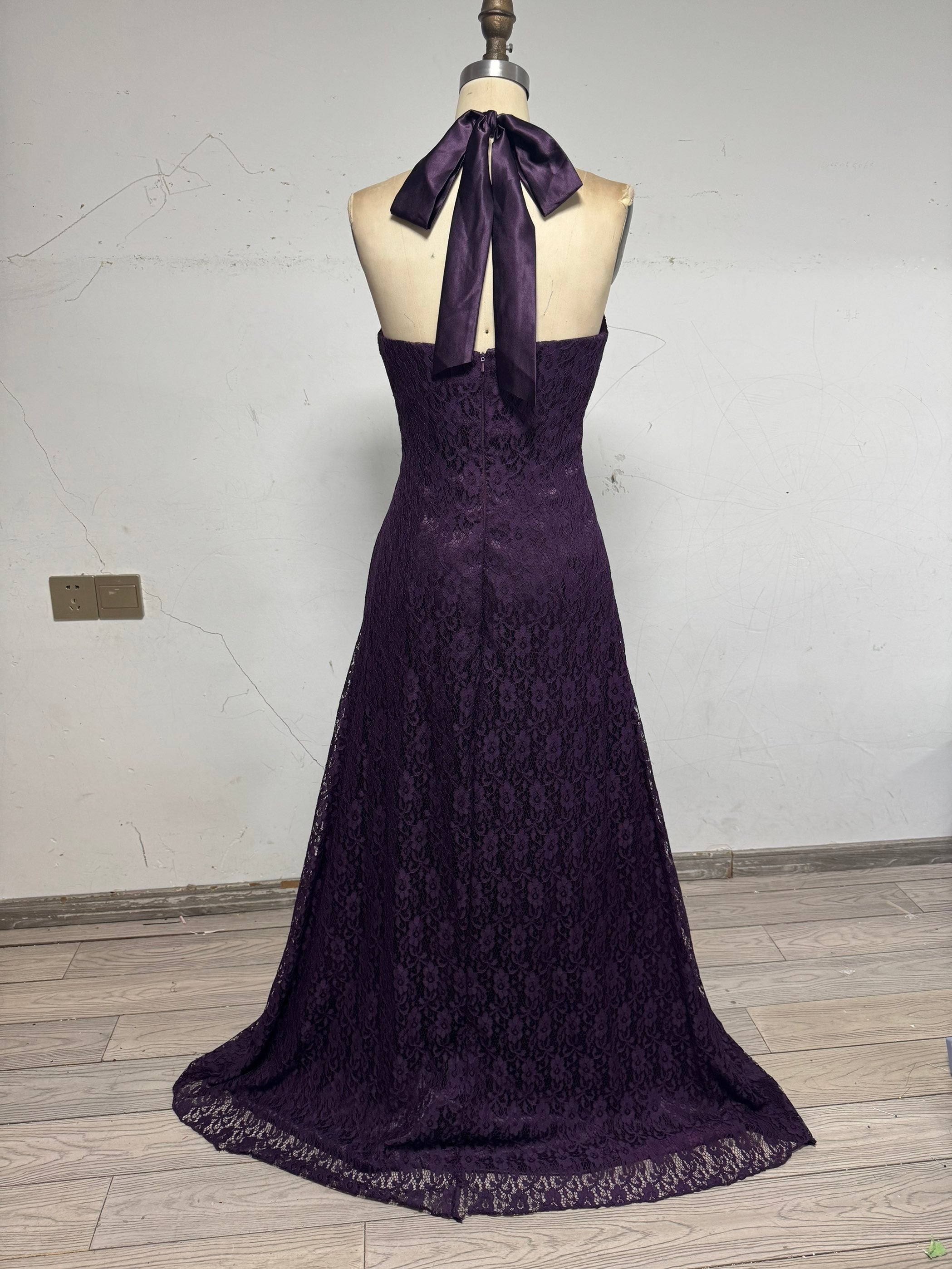 Lace Purple Halter Neck Prom Party Dress Birthday Outfits