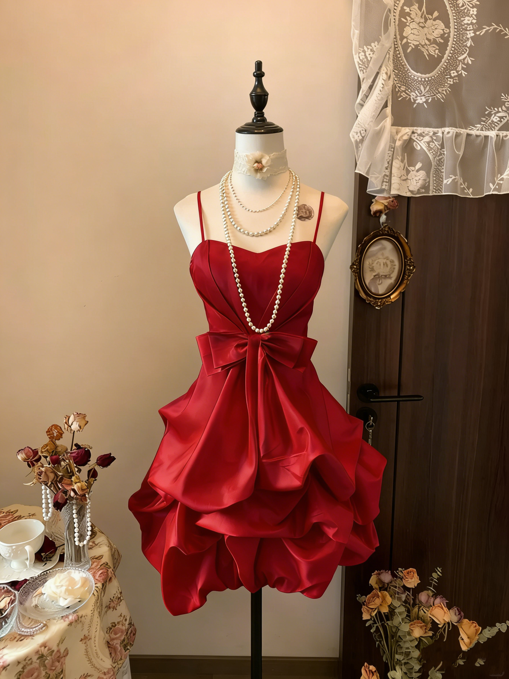 Vintage Yellow Spaghetti Straps Satin Pleated Short Prom Dress Formal Graduation Homecoming Dress
