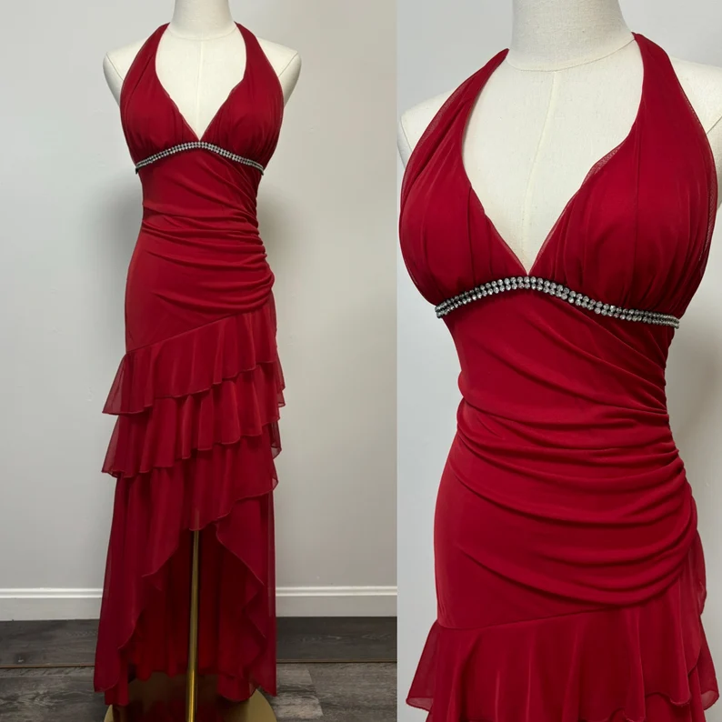 Vintage Red Asymmetrical Ruffle Tiered Halter Formal Prom Dress Evening Dress