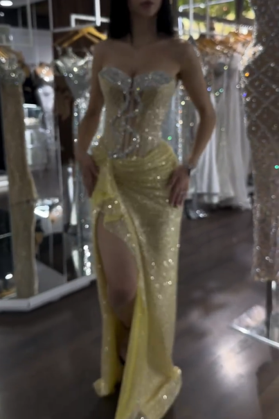 Glitter Strapless Yellow Sequin Beaded Mermaid Slit Evening Dress Formal Birthday Party Dress