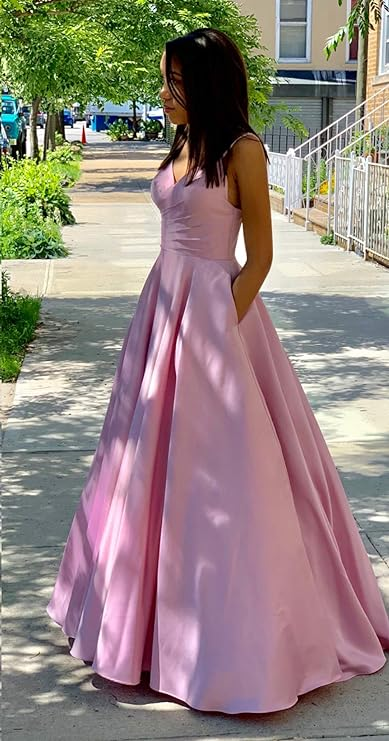 Classic Pink A-line Prom Dress With Pockets,Pink Dance Dress