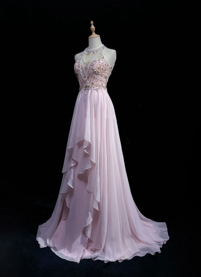 Classy Halter Chiffon Beaded Mermaid Formal Wedding Guest Dress Pink Long Evening Dress Party Dress