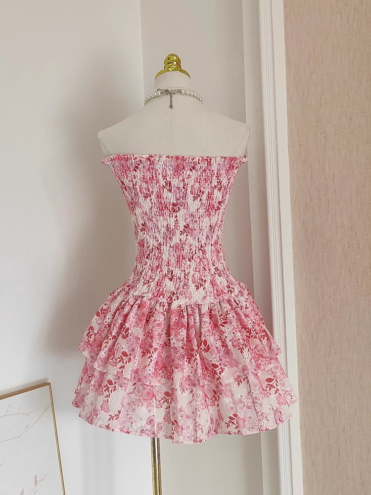 Cute A line Strapless Sleeveless Pink Floral Party Dress Short Birthday Outfits