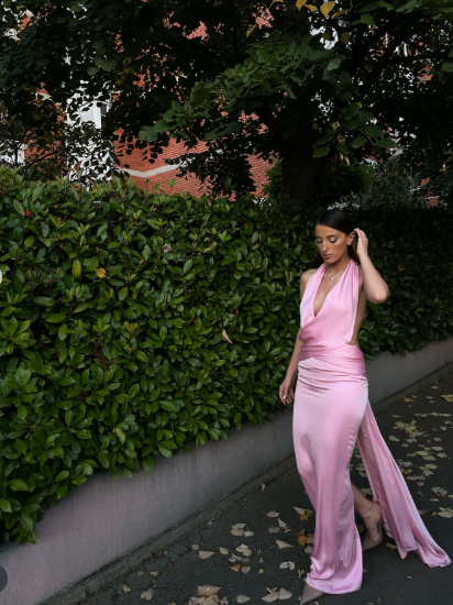 Classy Halter Pink Satin Long Party Dress Formal Bridesmaid Dress