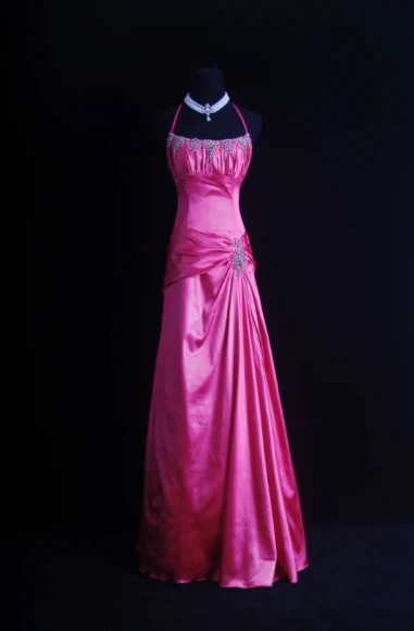 Pretty Halter Hot Pink Satin Pleated Beaded Evening Dress Backless Long Birthday Party Dress