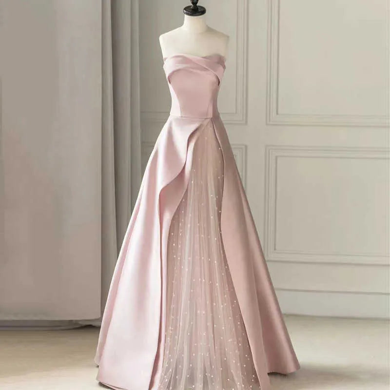 A-Line Satin Tulle Pink Long Prom Dress With Pearls