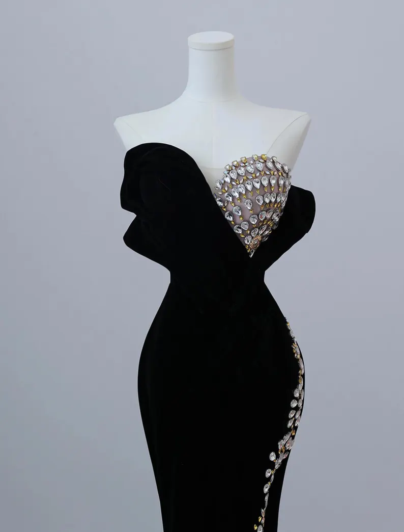 Black Velvet Beaded Prom Dress Formal Mermaid Evening Dress