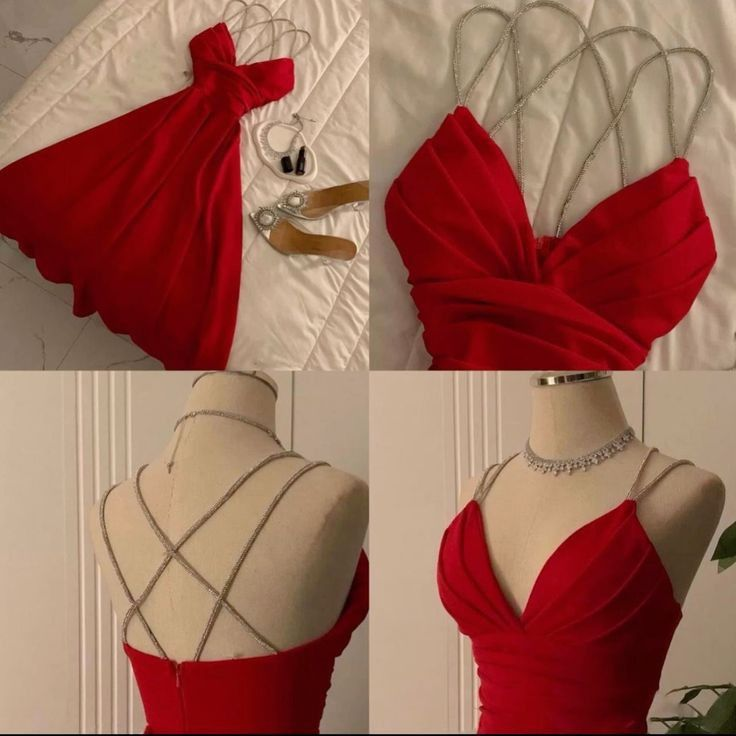 Gorgeous Red Satin Beaded V Neck Evening Dress A Line Party Evening Dress