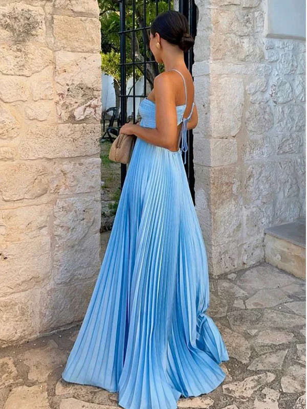Sexy Halter Satin Pleated A Line Party Dress,Blue Backless Prom Evening Dress