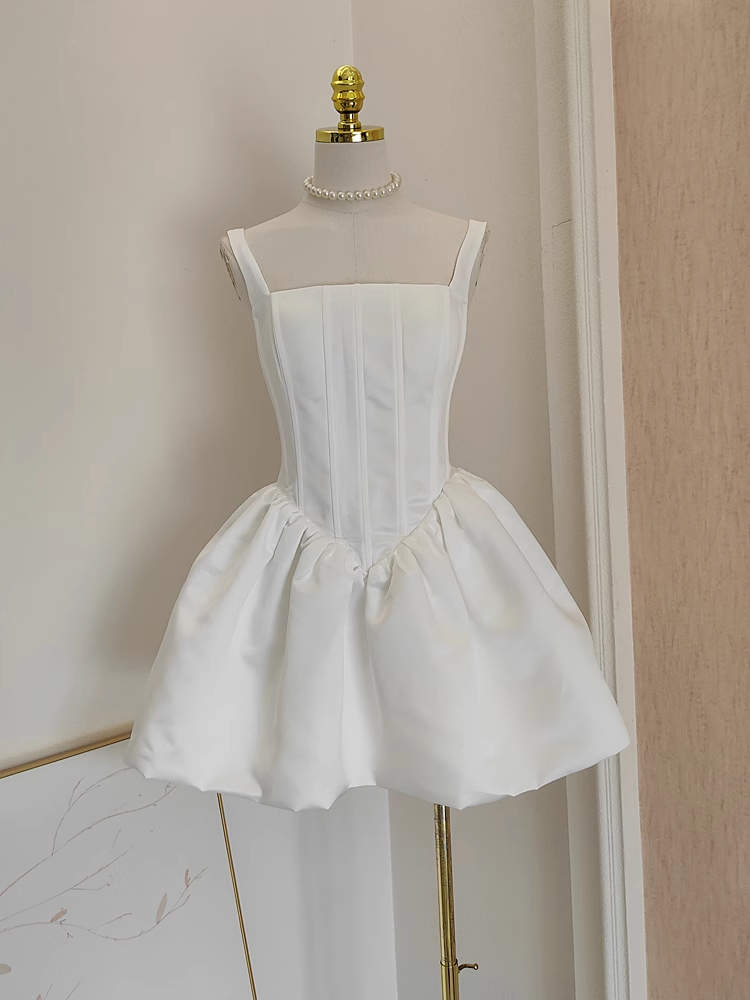 Sexy A Line Straps White Satin Vacation Dresses Short Birthday Dress