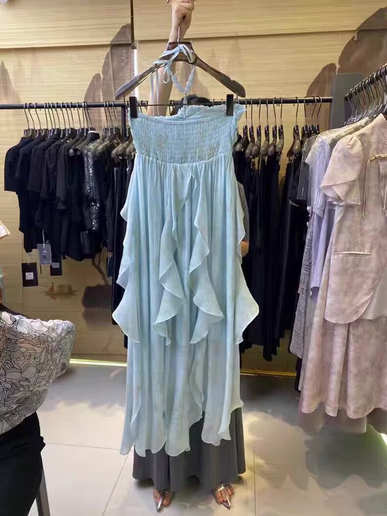 Cute A line Halter Ruffled Floral Blue Summer Holiday Dress Women's Long Vacation Dresses