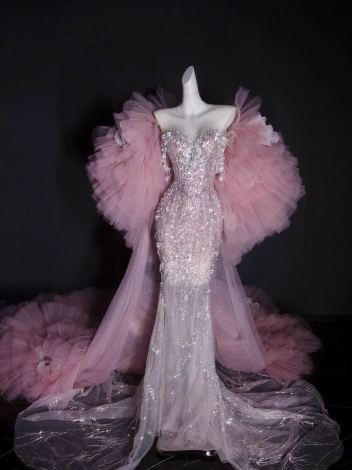 Gorgeous Strapless Pink Sequin Beaded Mermaid Long Evening Dress Party Dress With Cape