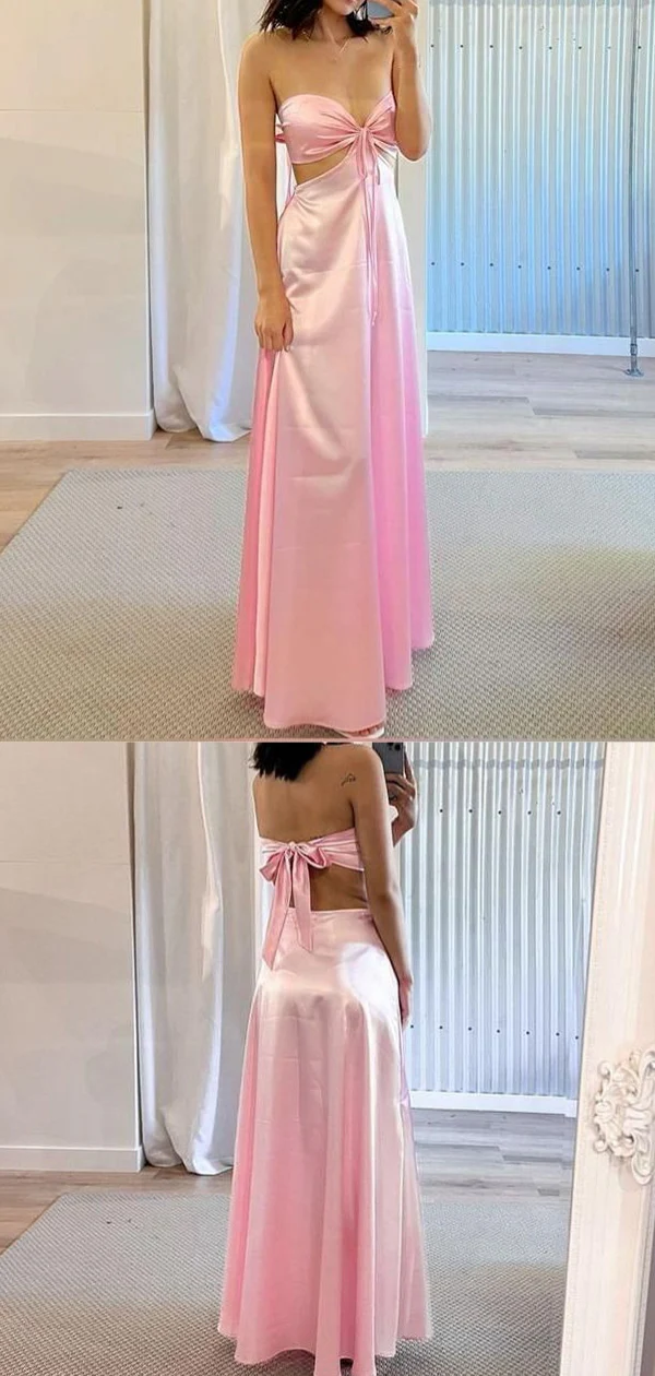 Sexy Pink Satin Backless Party Gown Long Prom Dress