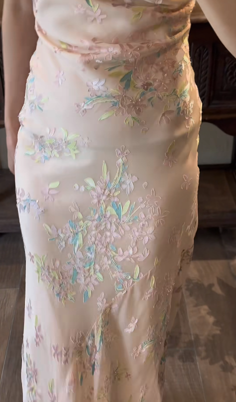 Sheath Pink Chiffon Prom Party Dress Vintage Flora Evening Dress