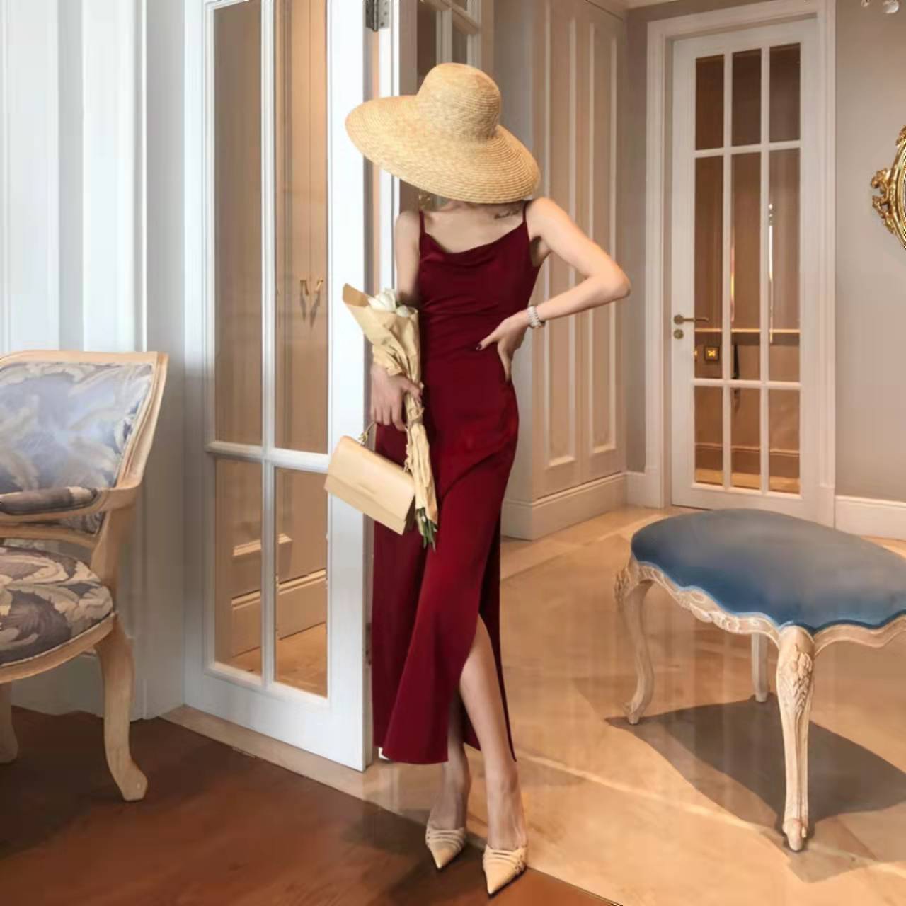 French Retro Sexy Swing Neck Sling Skirt Burgundy Prom Dress,Spaghetti Straps Classic Prom Dress