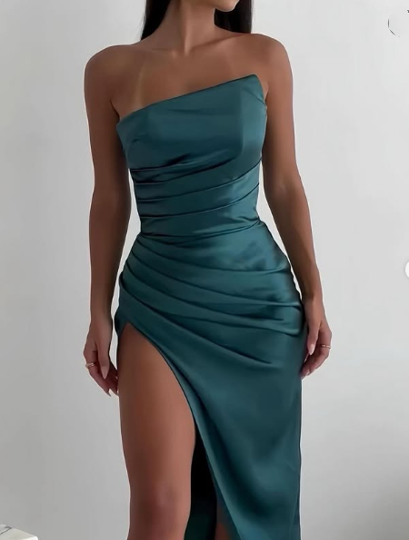 Vintage Sheath Strapless Neckline Slit Satin Long Party Dress Prom Dresses