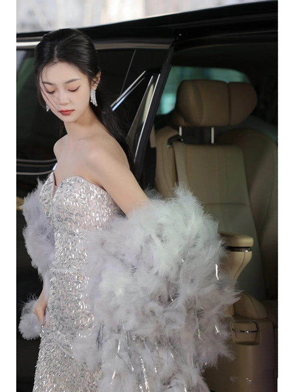 Elegant Mermaid Sweetheart Neckline Silver Sequin Evening Dress Long Prom Dresses