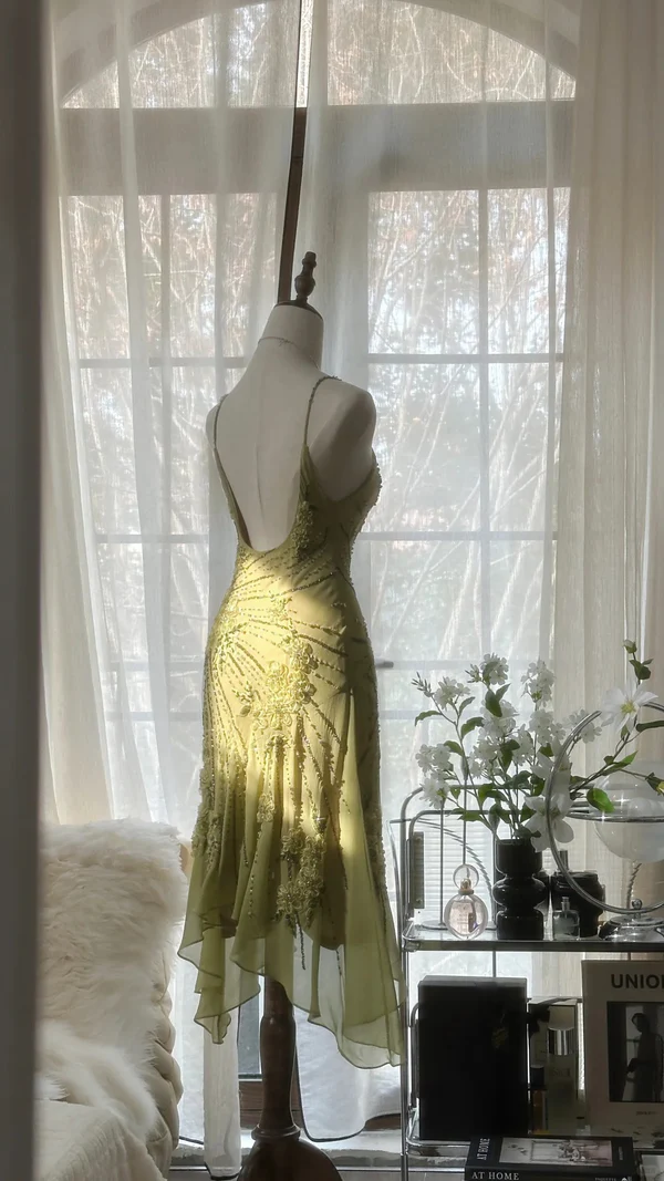 Vintage Green Chiffon Beaded Birthday Dress Homecoming Dress