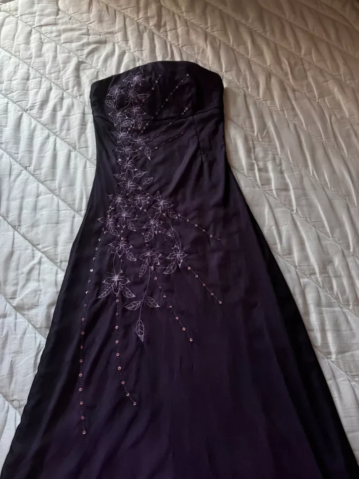 Vintage Strapless Purple Chiffon Satin Beaded Long Birthday Prom Dress Evening Gown