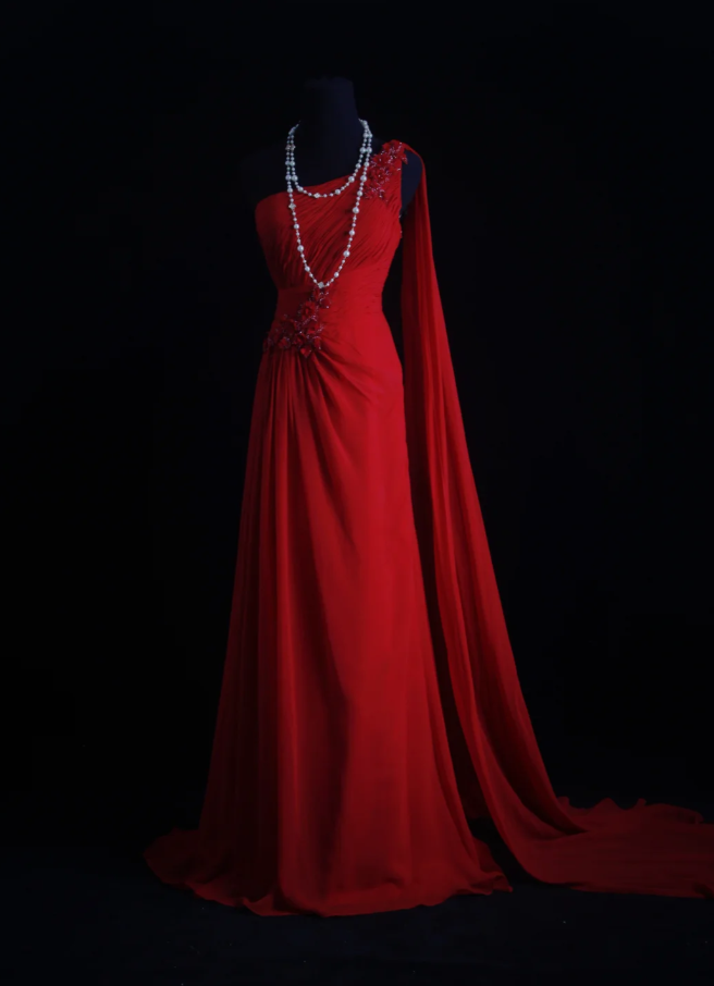Classy Red One Chiffon Pleated Beaded Mermaid Long Evening Dress Formal Wedding Guest Dress