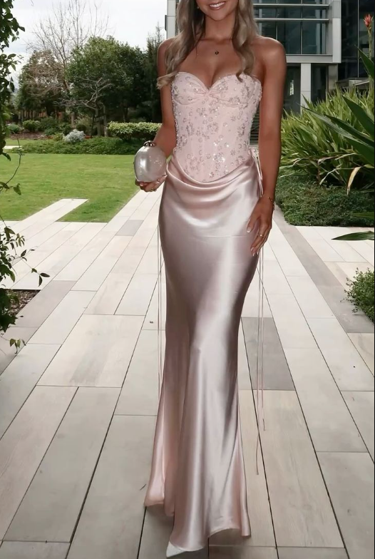 Classy Strapless Pink Satin Sequin Mermaid Long Wedding Guest Dress Evening Dress