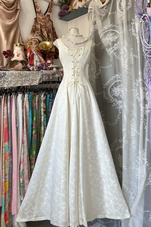 Classy Sleeveless White Satin Print Floral A Line Long Wedding Guest Dress Evening Gown