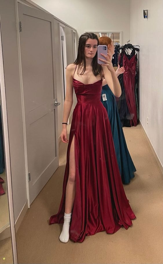 Vintage Burgundy Spaghetti Straps Slit A Line Long Wedding Guest Dress Bridesmaid Dress