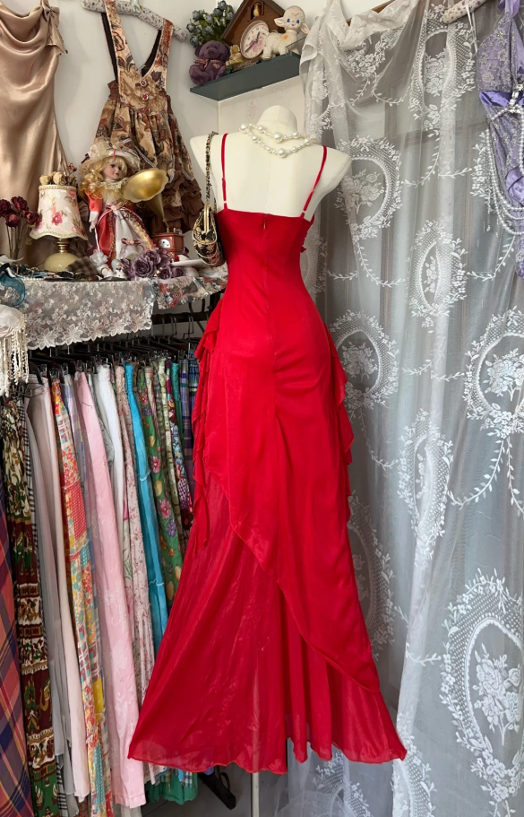 Classy Spaghetti Straps Red Tulle Chiffon Mermaid Evening Dress Long Party Dress