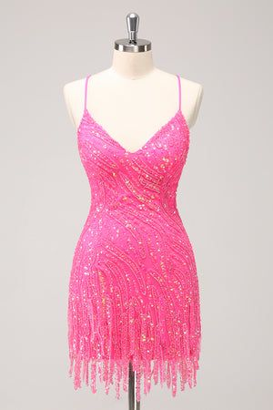 Gorgeous Spaghetti Straps Sequin Tassel Mini Birthday Party Dress Pink Homecoming Dress