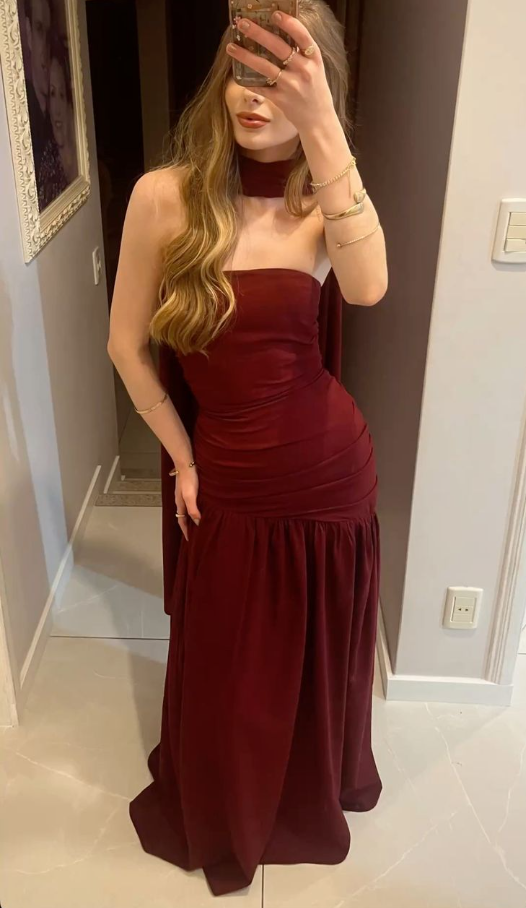 Classy Burgundy Strapless Satin Pleated Mermaid Prom Dress Birthday Party Dress With Scarf