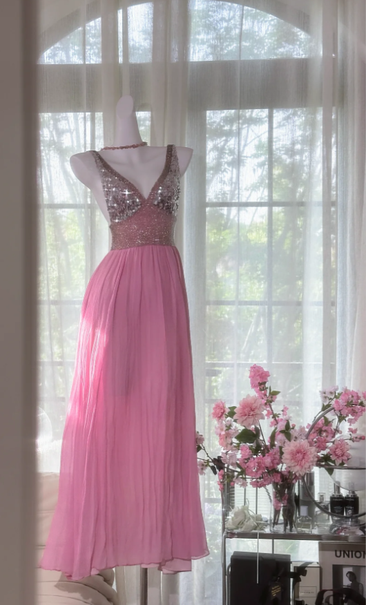 Classy Pink V Neck Chiffon Sequin A Line Long Party Dress Backless Birthday Prom Gown