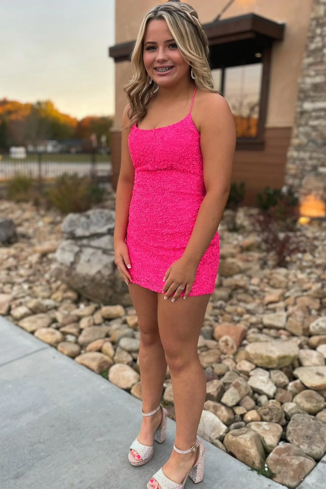 Hot Pink Sequin Spaghetti Straps Mini Bodycon Dress Short Homecoming Dress