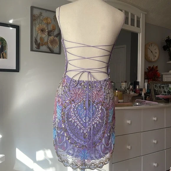 Gorgeous Spaghetti Straps Beaded Lilac Cocktail Dress Formal 8th Grade Homecoming Dress