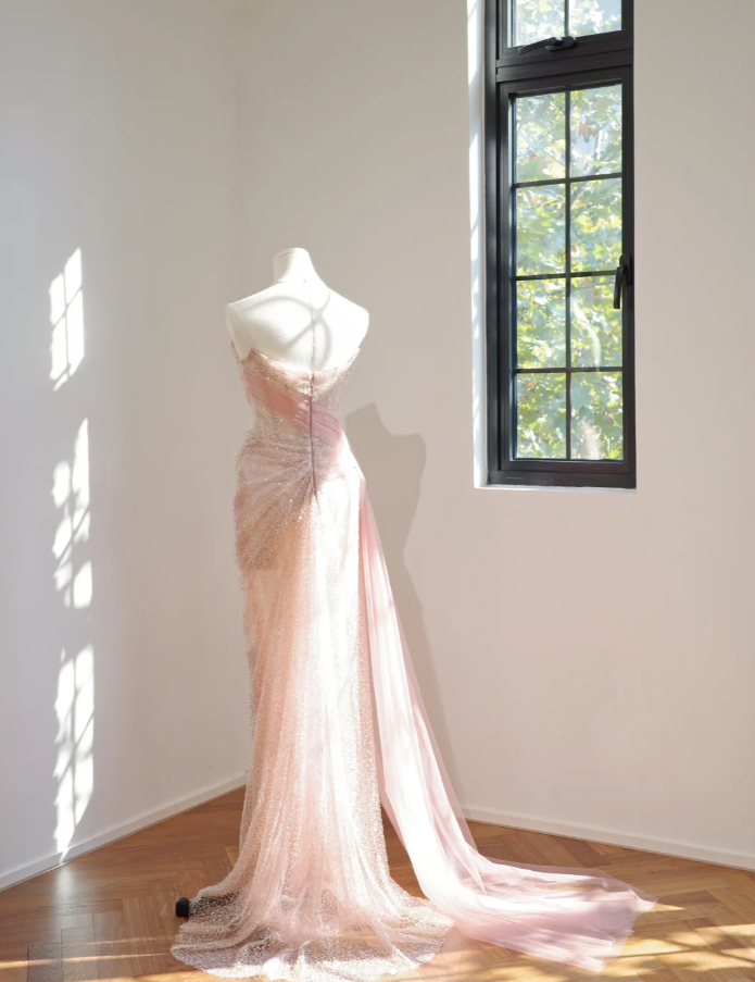 Glitter Pink Strapless Sequin Pleated Mermaid Long Wedding Guest Dress Formal Birthday Evening Dress