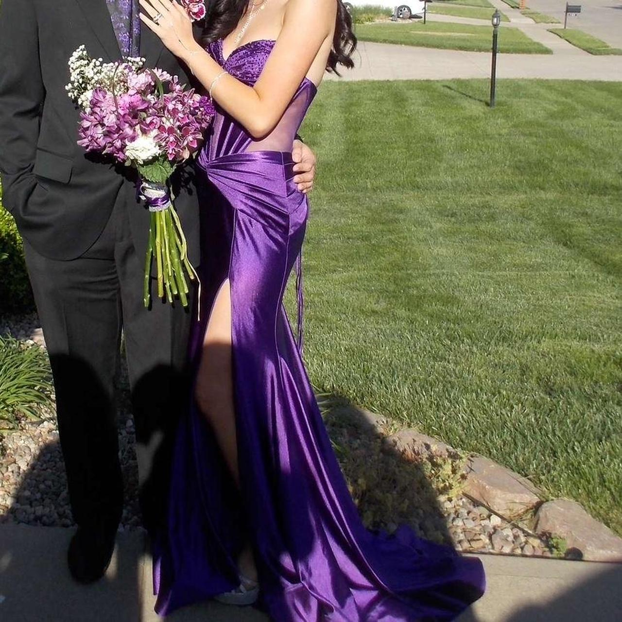 Pretty Sweetheart Neck Purple Satin Beaded Slit Mermaid Party Dress Long Prom Dresses