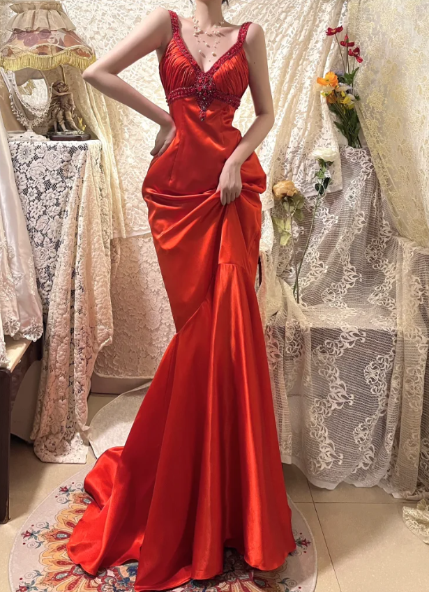Charming Spaghetti Straps Red V Neck Satin Beaded Party Dress Long Wedding Guest Dress