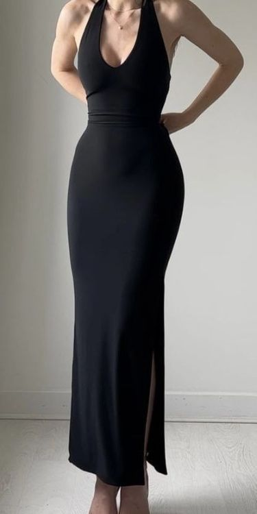 Sexy Halter Black Satin Slit Mermaid Evening Dress Long Wedding Guest Dress