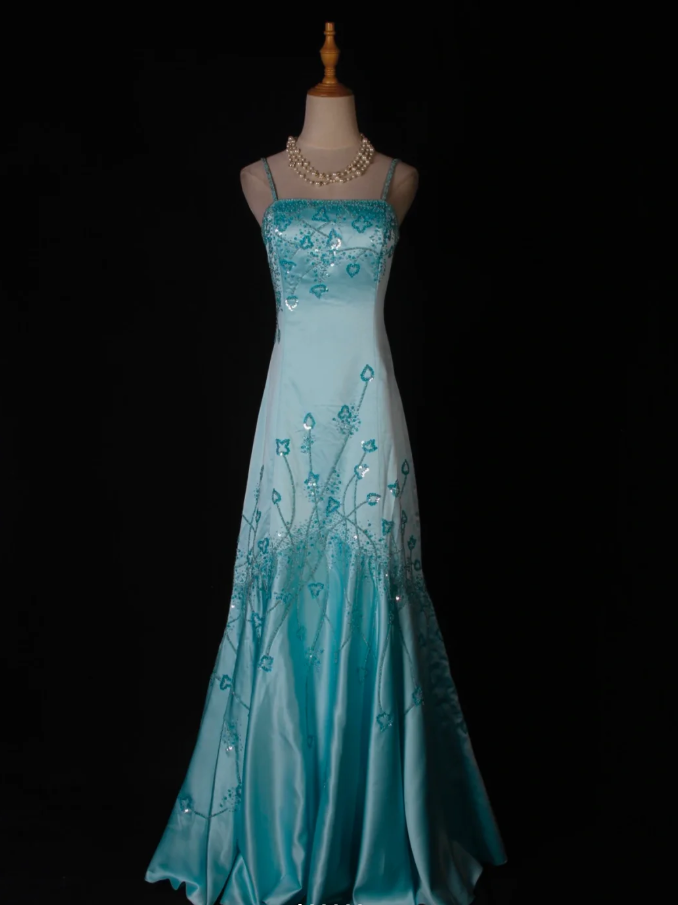 Gorgeous Blue Spaghetti Straps Satin Beaded Mermaid Long Birthday Prom Dress Party Dress