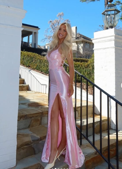 Pretty Pink Satin Appliques Mermaid Evening Dress,Spaghetti Straps Slit Prom Dress