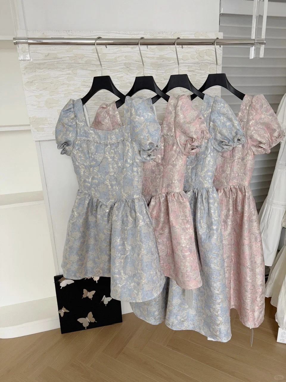Cute Satin Print Floral Short Sleeves A Line Birthday Outfits Blue Homecoming Dress