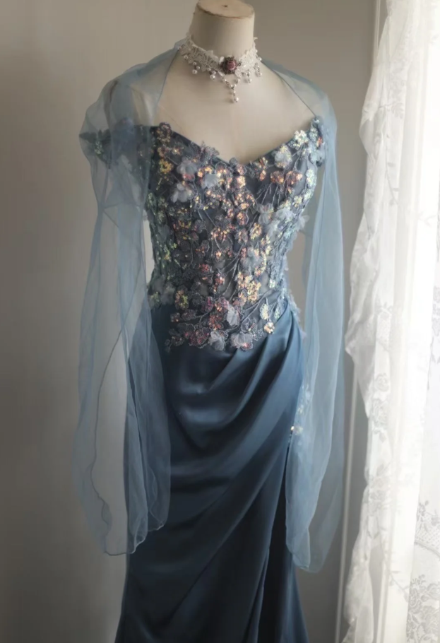 Gorgeous Off The Shoulder V Neck Satin Sequin Appliques Evening Dress Long Mermaid Slit Prom Dresses