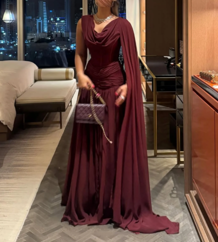 Classy Burgundy Chiffon Slit Mermaid Long Wedding Guest Dress Birthday Evening Dress