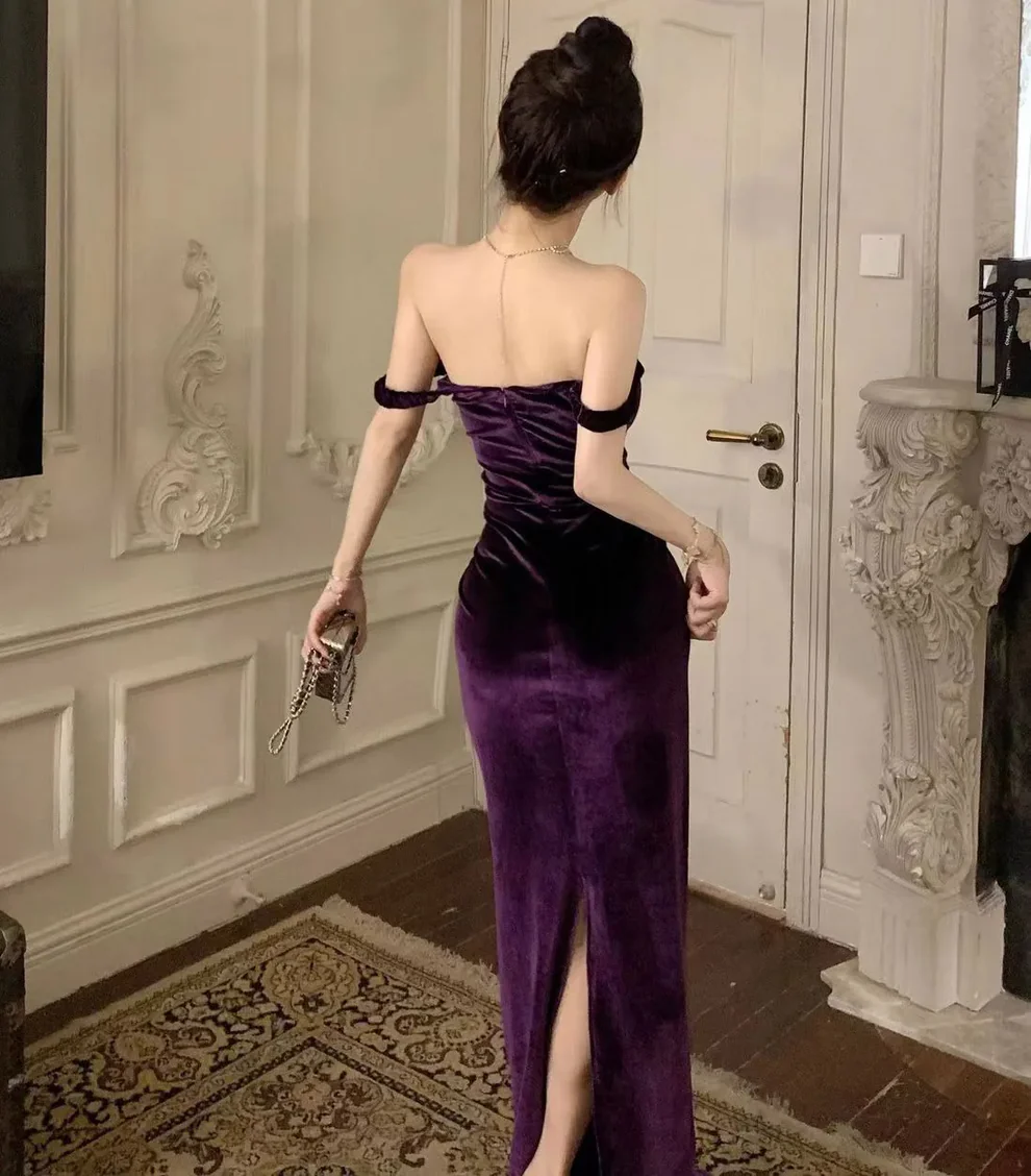 Purple Elegant Off Shoulder Mermaid Evening Dress,Velvet Slit Mermaid Party Prom Dress