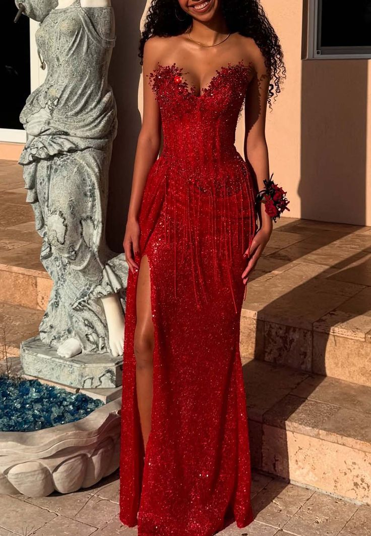 Pretty Sweetheart Neck Red Sequin Beaded Tassel Mermaid Prom Dress Slit Long Party Dress
