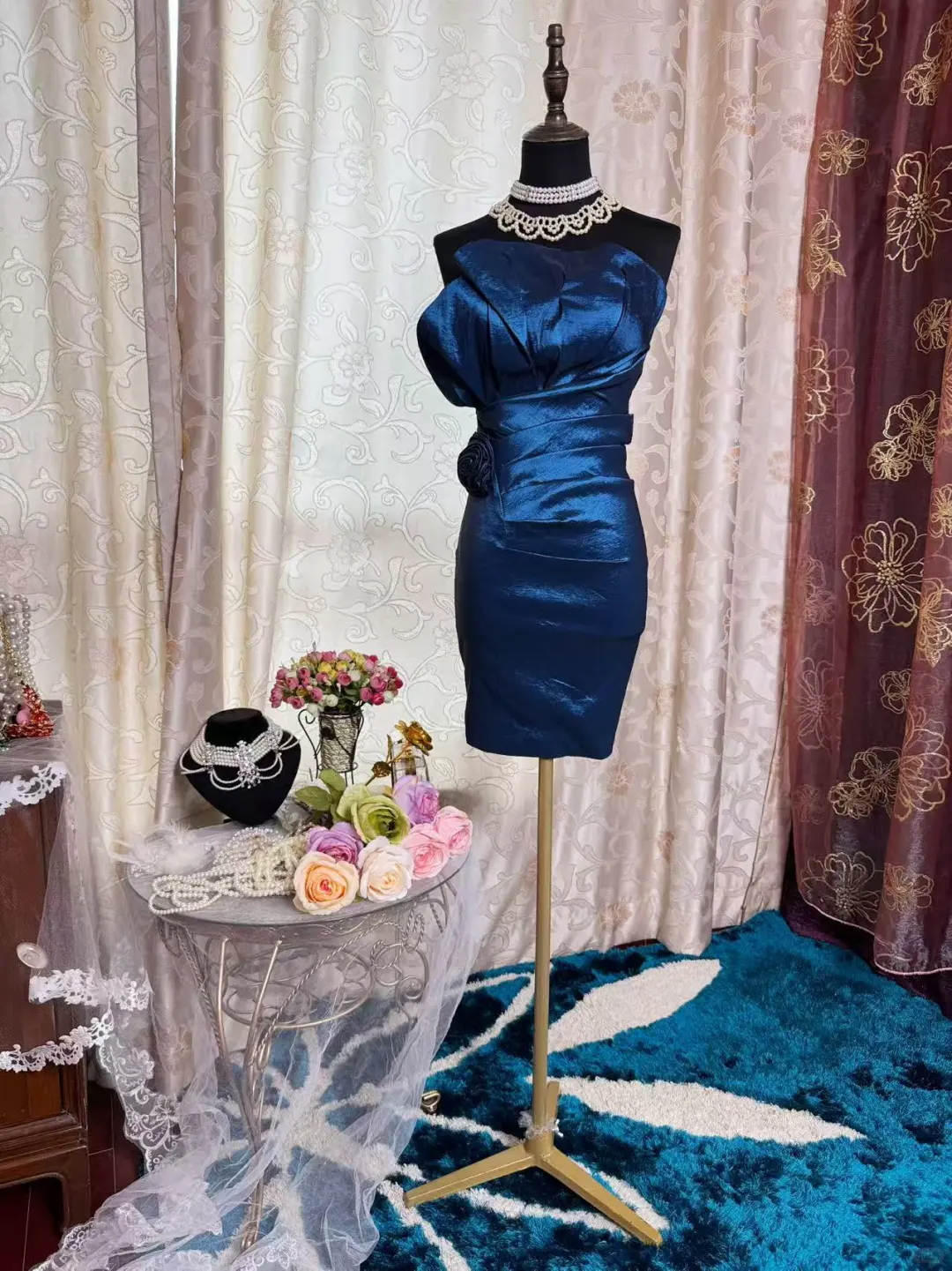 Vintage Strapless Blue Satin Sheath Homecoming Dress Cocktail Dress