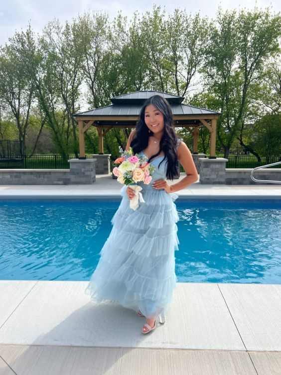 Light Blue Tulle Pleated Floor Length Junior Prom Dress