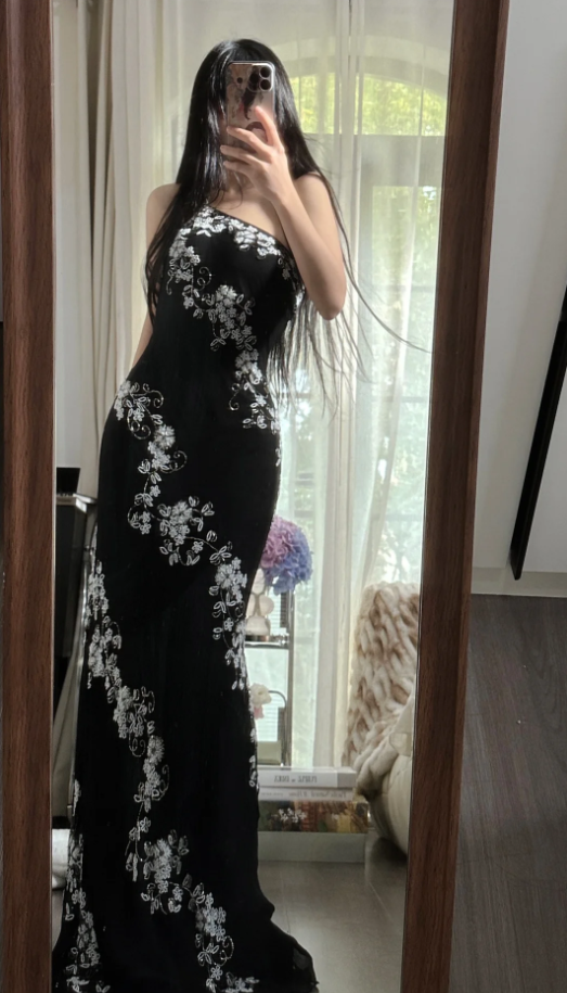 Classy One Shoulder Black Chiffon Beaded Mermaid Long Party Dress Evening Gown