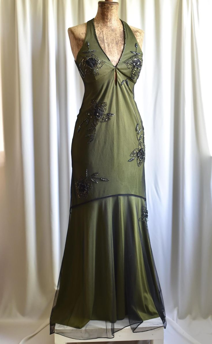 Vintage Olive Green Satin Tulle Beaded Mermaid Evening Dress Backless Long Party Dress