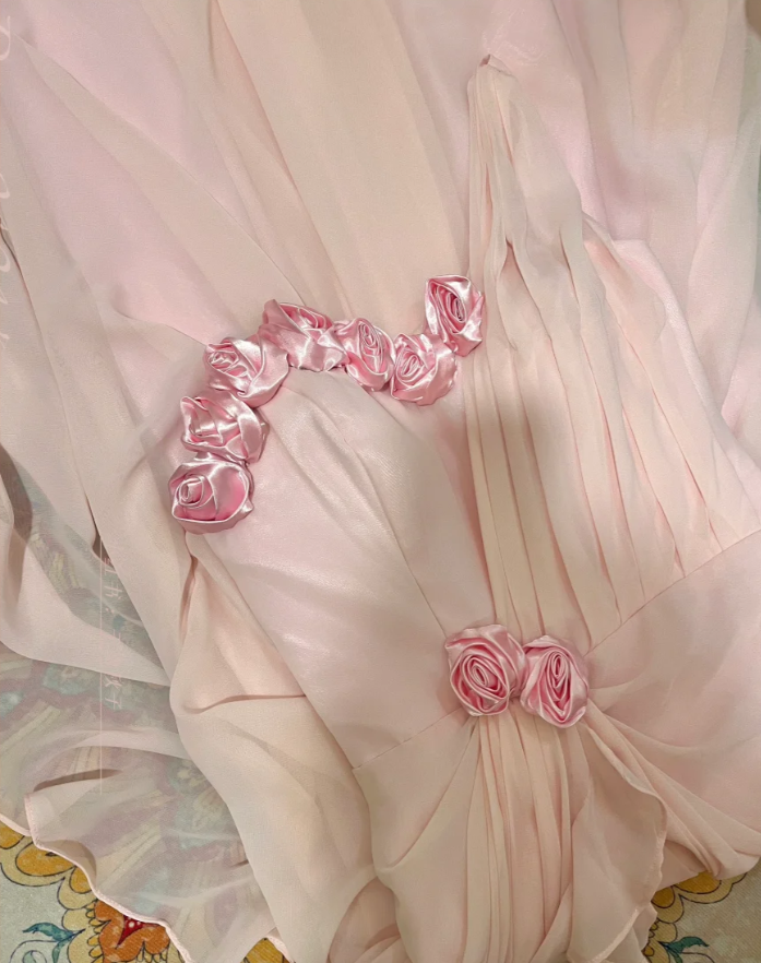 Pretty Pink Chiffon Pleated One Shoulder Mermaid Long Party Dress Evening Gown With Flowers