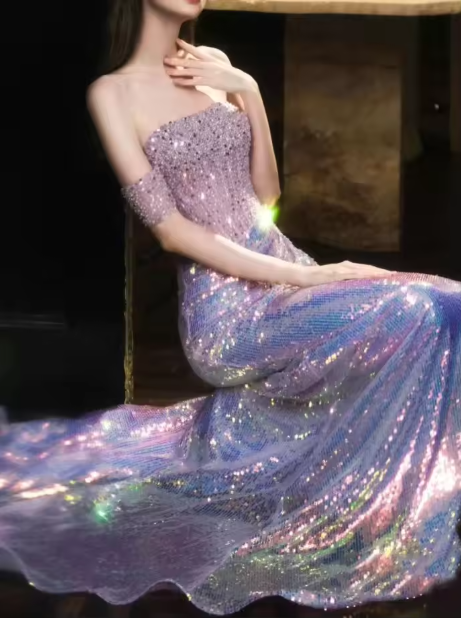 Glitter Sequins Beaded Mermaid Evening Dress,Lilac Off Shoulder Party Prom Dress